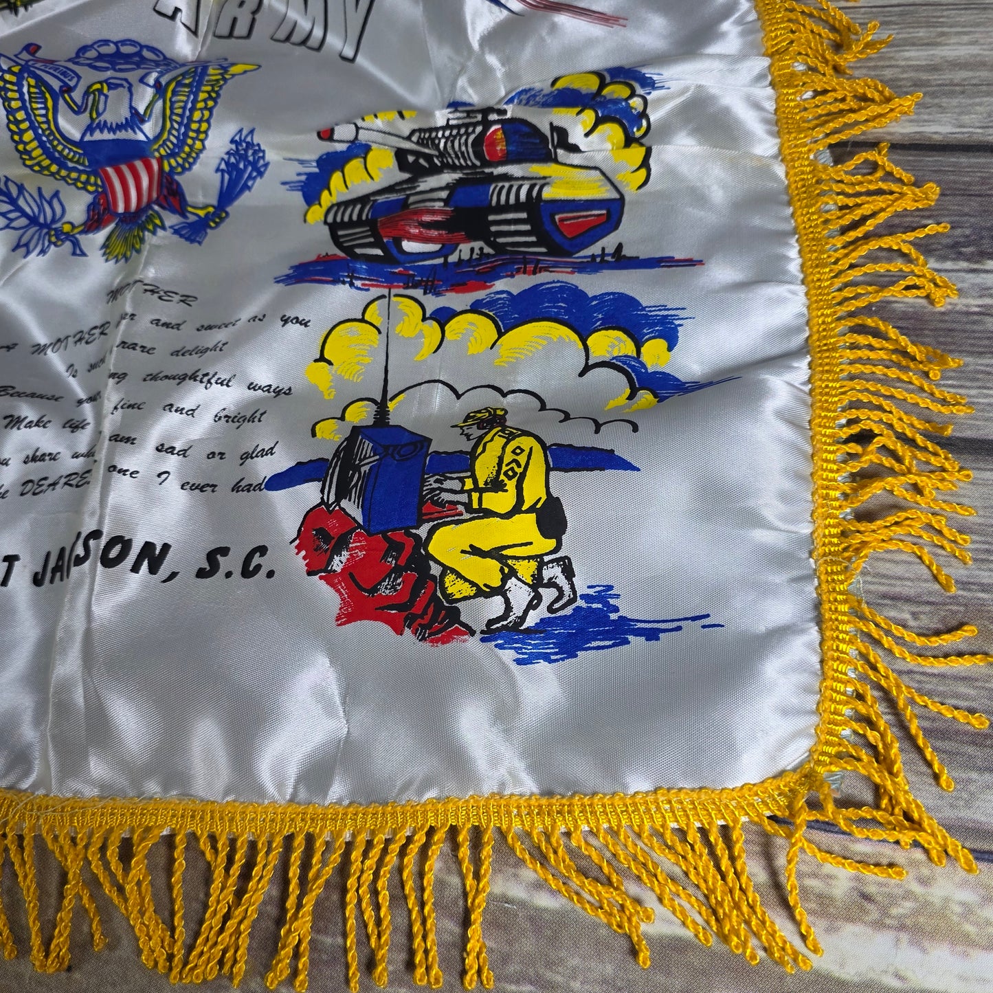 Vintage U.S. Army Mother's Pillow Sham w/ Fringe Fort Jackson S.C.