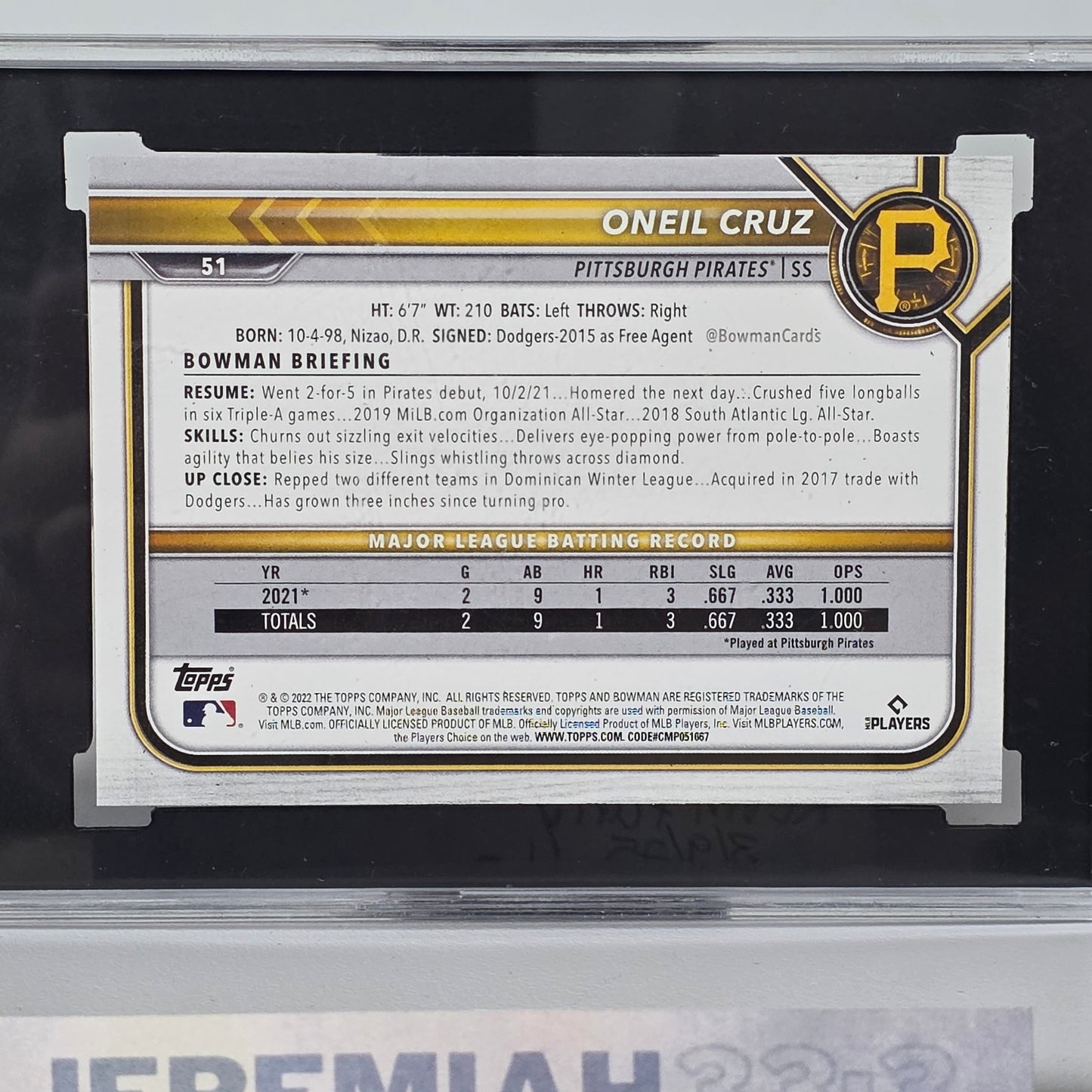 2022 Bowman #51 Oneil Cruz RC Rookie Pirates SGC 9.5
