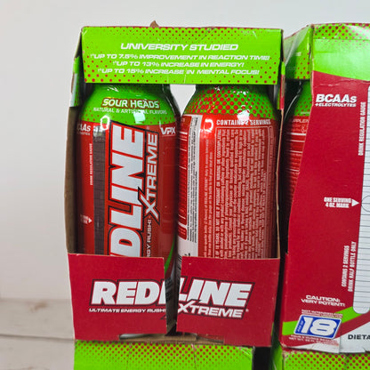 New REDLINE Xtreme Ultimate Energy Rush Dietary Supplement Sour Heads 16, 8oz  bottles (4,4 packs) - RARE FLAVOR!!  DISCONTINUED!!