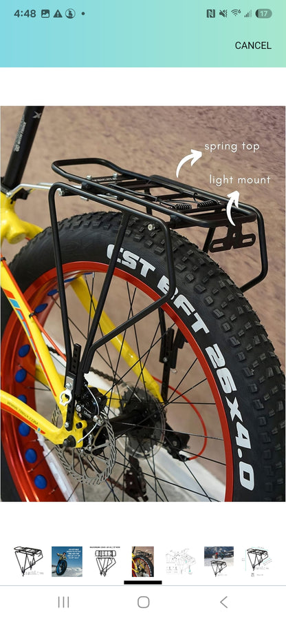 VINCITA Fat Tire Bike Cargo Luggage Rack Max Load 60lbs. MISSING HARDWARE