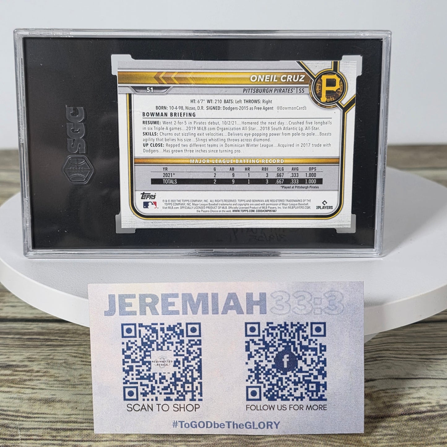 2022 Bowman #51 Oneil Cruz RC Rookie Pirates SGC 9.5