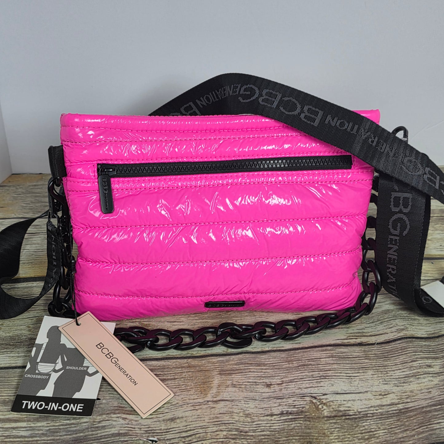 NWT New BCBG Generation Hot Pink Puffy Vinyl GN22374 2-in-1 Convertible Bag