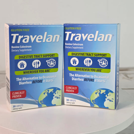 Set of 2 NIB New Travelan Bovine Colostrum Dietary Supplements 200mg/Caplet 30 Caplets/Box