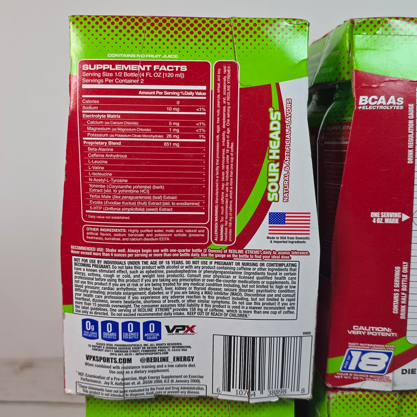 New REDLINE Xtreme Ultimate Energy Rush Dietary Supplement Sour Heads 16, 8oz  bottles (4,4 packs) - RARE FLAVOR!!  DISCONTINUED!!