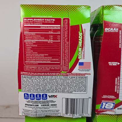 New REDLINE Xtreme Ultimate Energy Rush Dietary Supplement Sour Heads 16, 8oz  bottles (4,4 packs) - RARE FLAVOR!!  DISCONTINUED!!