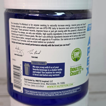 4 Bottles New PERFORMANCE INSPIRED Nutrition APEX Pre Workout Powder Blue Raspberry/Strawberry Kiwi Increase Energy & Endurance Caffeine Beta Alanine All Natural Vegan Formula