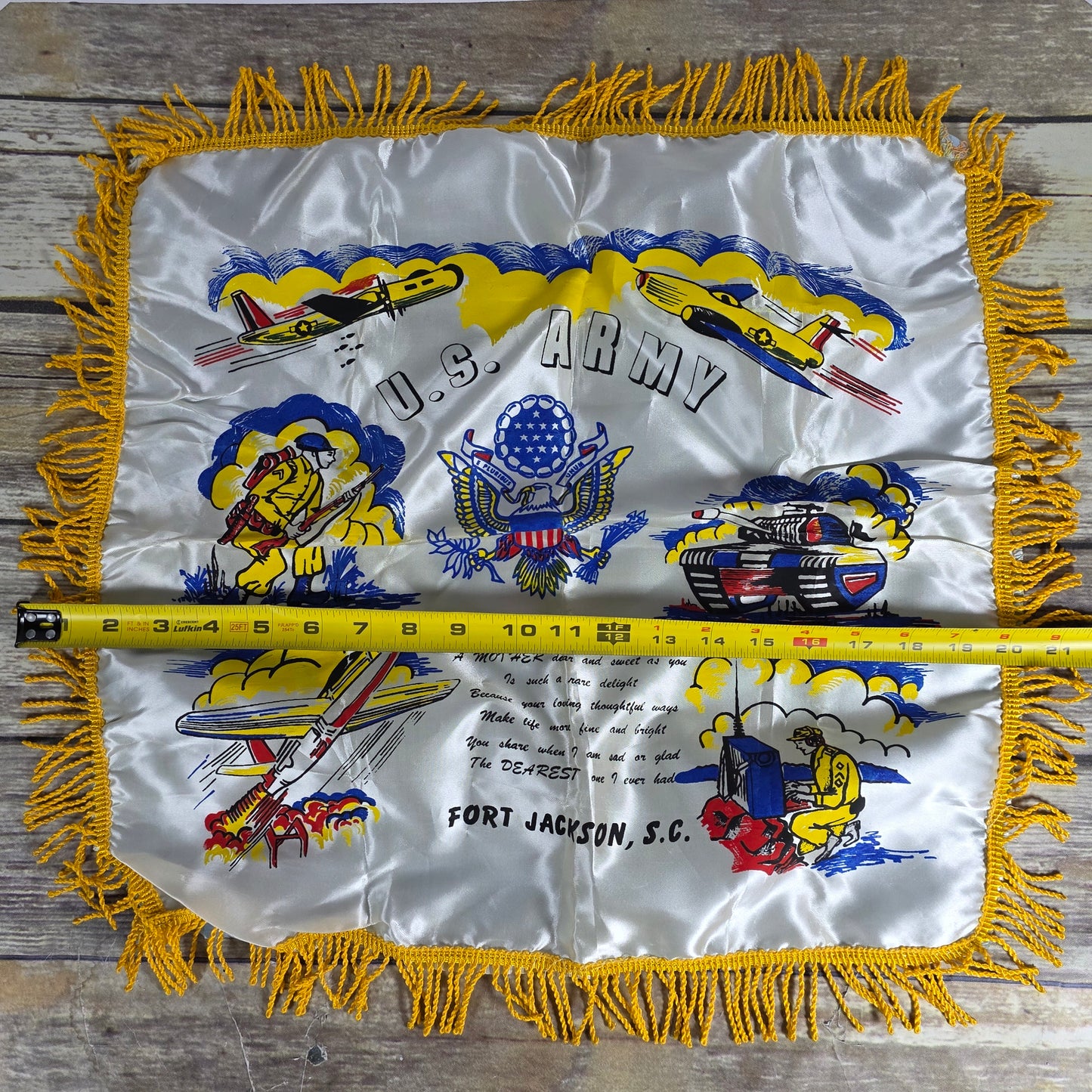 Vintage U.S. Army Mother's Pillow Sham w/ Fringe Fort Jackson S.C.