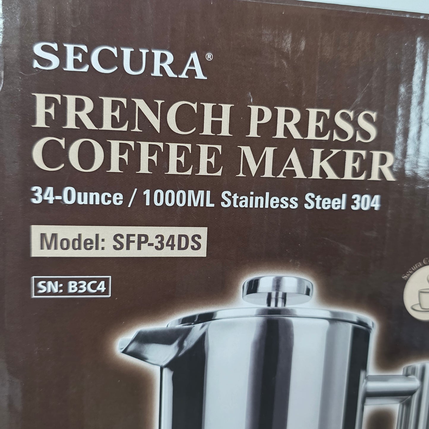 NIOB Secura French Press Coffee Maker SFP-34DS 34-Ounce 1000ML Stainless Steel 304