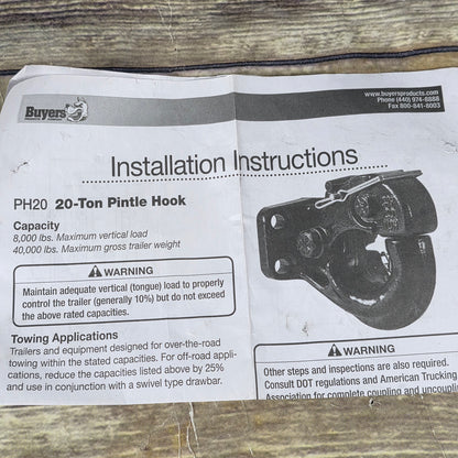 20-Ton Pintle Hook Capacity Hitch Receiever Hook Black