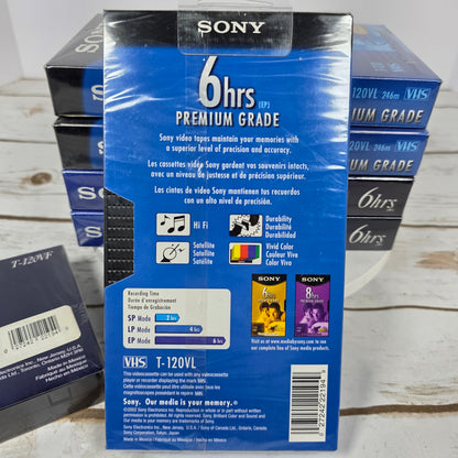 Lot of 6 New SEALED SONY 6Hrs Premium Grade VHS Video Cassette Tapes T-120VF
