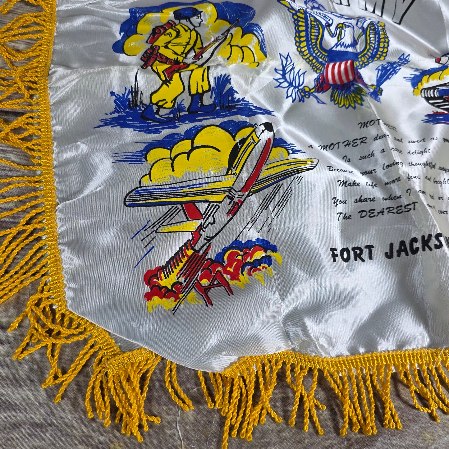 Vintage U.S. Army Mother's Pillow Sham w/ Fringe Fort Jackson S.C.