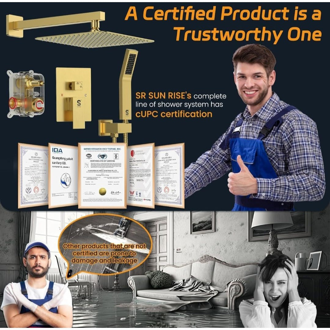 SR Sun Rise Luxury Rain Shower System With Handheld  Brushed Gold Finish  H59 Brass Build  cUPC Certified  Model SRSH-BG1003