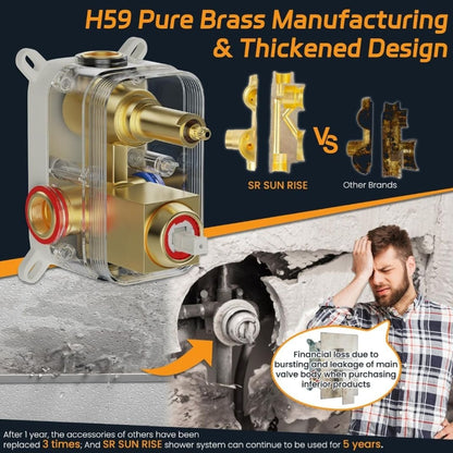 SR Sun Rise Luxury Rain Shower System With Handheld  Brushed Gold Finish  H59 Brass Build  cUPC Certified  Model SRSH-BG1003