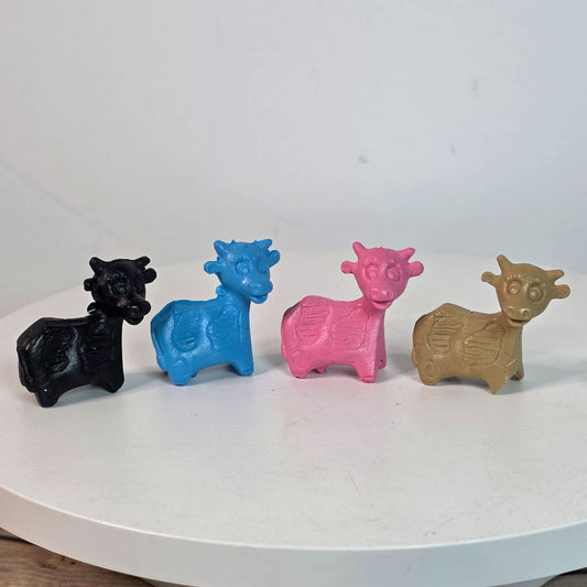 Vintage 1960s Diener Itty Bitty Animal Collection Pencil Top Cow Erasers 4 Colors Rubber