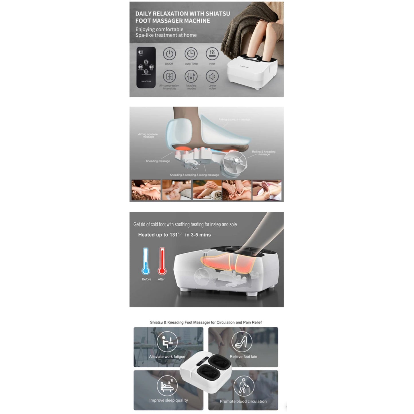 Mountrax Foot Massager W/ Remote Control - Kneading Shiatsu Heat & Timer - Black - Fits Up To Size 12 Feet