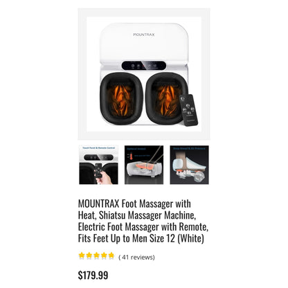 Mountrax Foot Massager W/ Remote Control - Kneading Shiatsu Heat & Timer - Black - Fits Up To Size 12 Feet