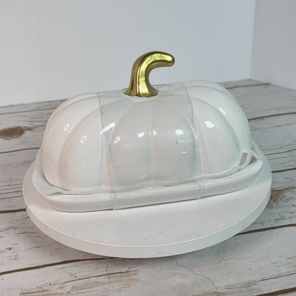 Pumpkin Shaped Ceramic Butter Dish With Gold Stem Accent
