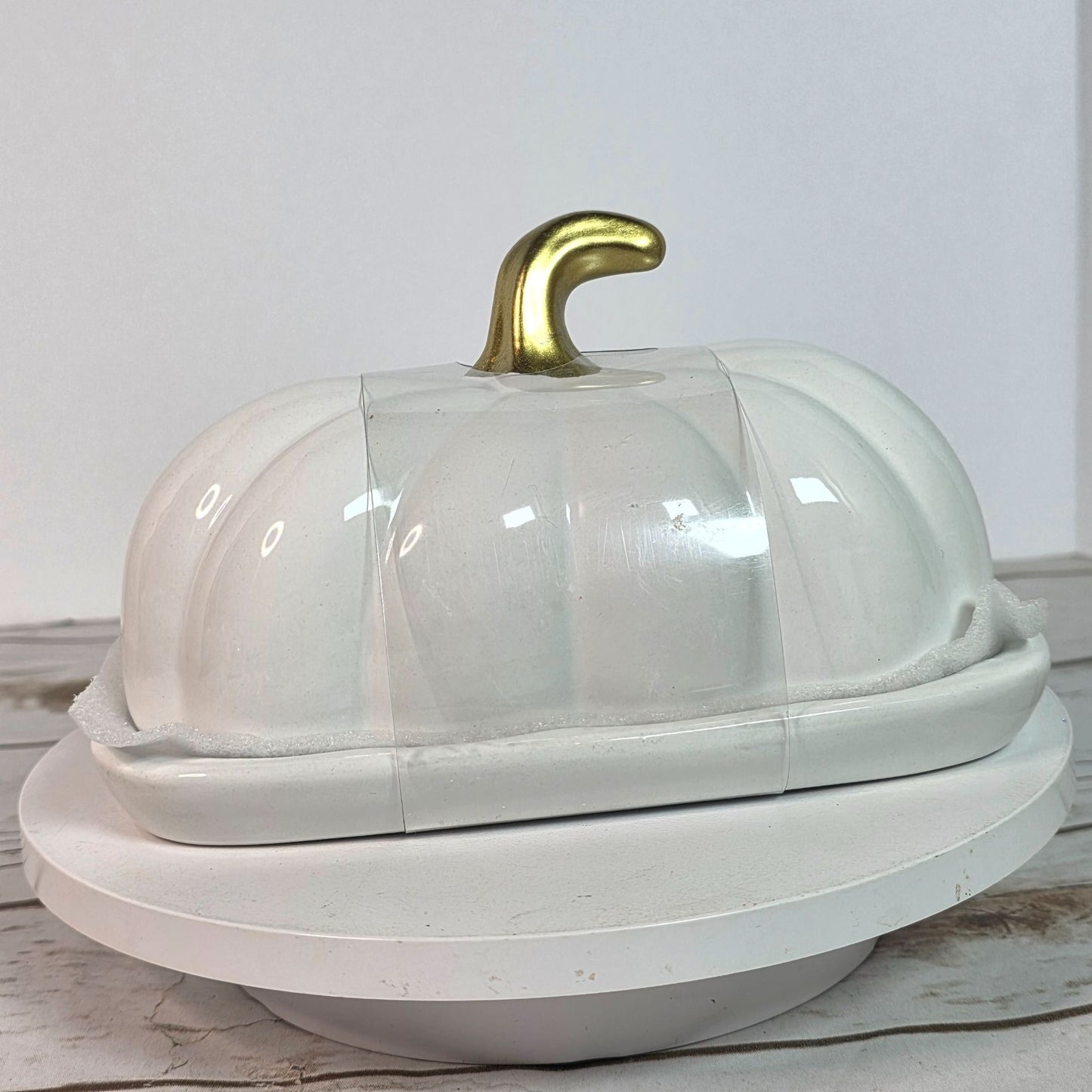 Pumpkin Shaped Ceramic Butter Dish With Gold Stem Accent