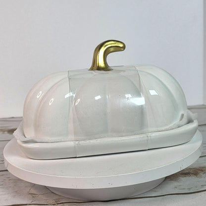 Pumpkin Shaped Ceramic Butter Dish With Gold Stem Accent