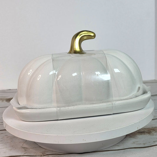 Pumpkin Shaped Ceramic Butter Dish With Gold Stem Accent