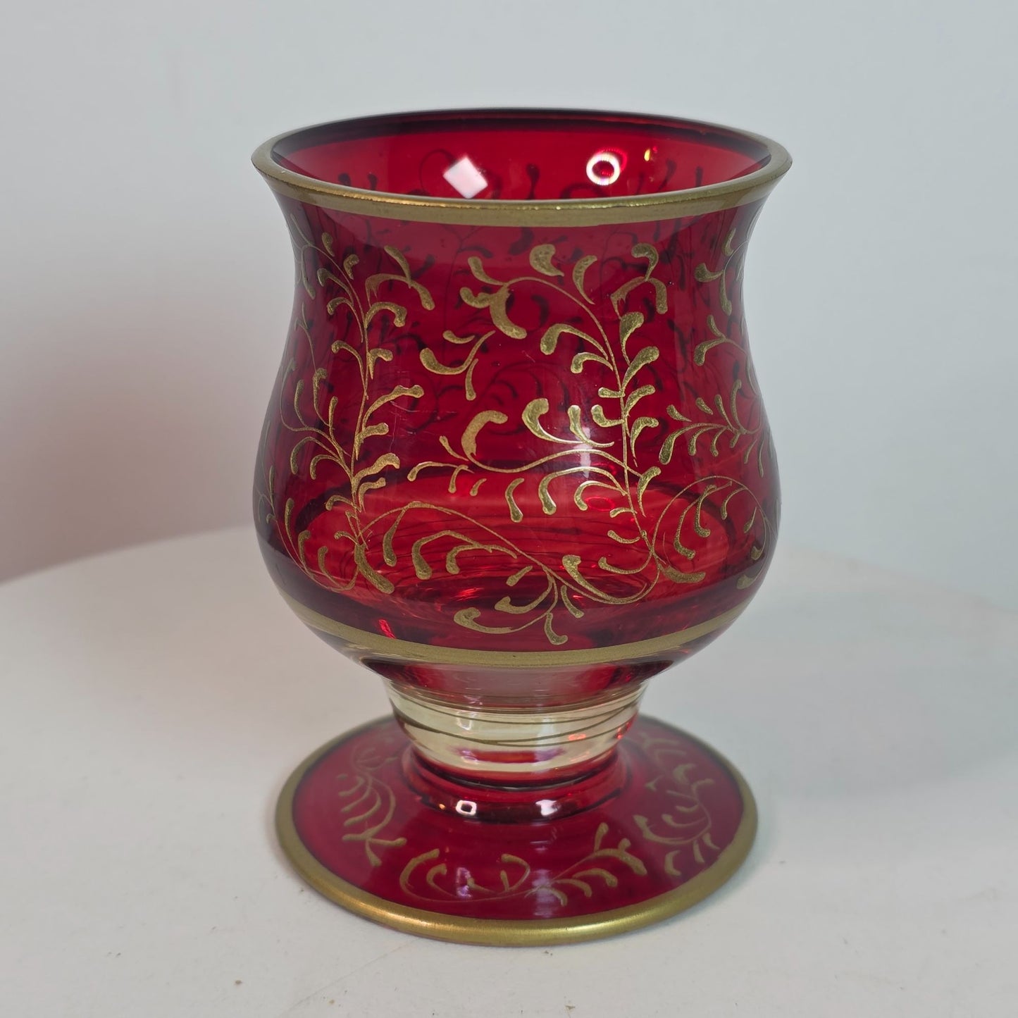 Ruby Red Cranberry Bohemian Czech Flashed Glass Goblet With Gold Filigree Vintage 5 Oz