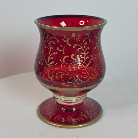 Ruby Red Cranberry Bohemian Czech Flashed Glass Goblet With Gold Filigree Vintage 5 Oz