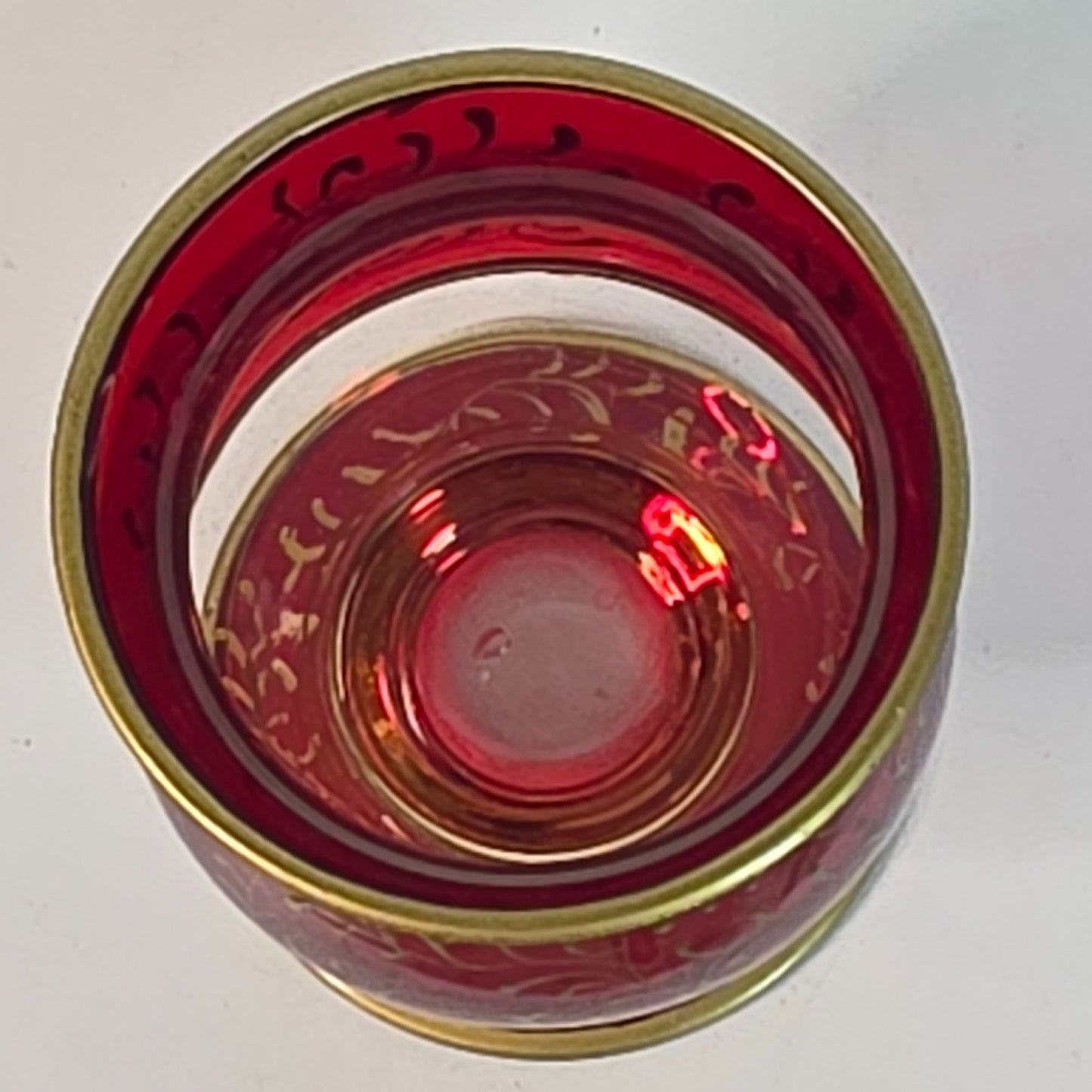 Ruby Red Cranberry Bohemian Czech Flashed Glass Goblet With Gold Filigree Vintage 5 Oz