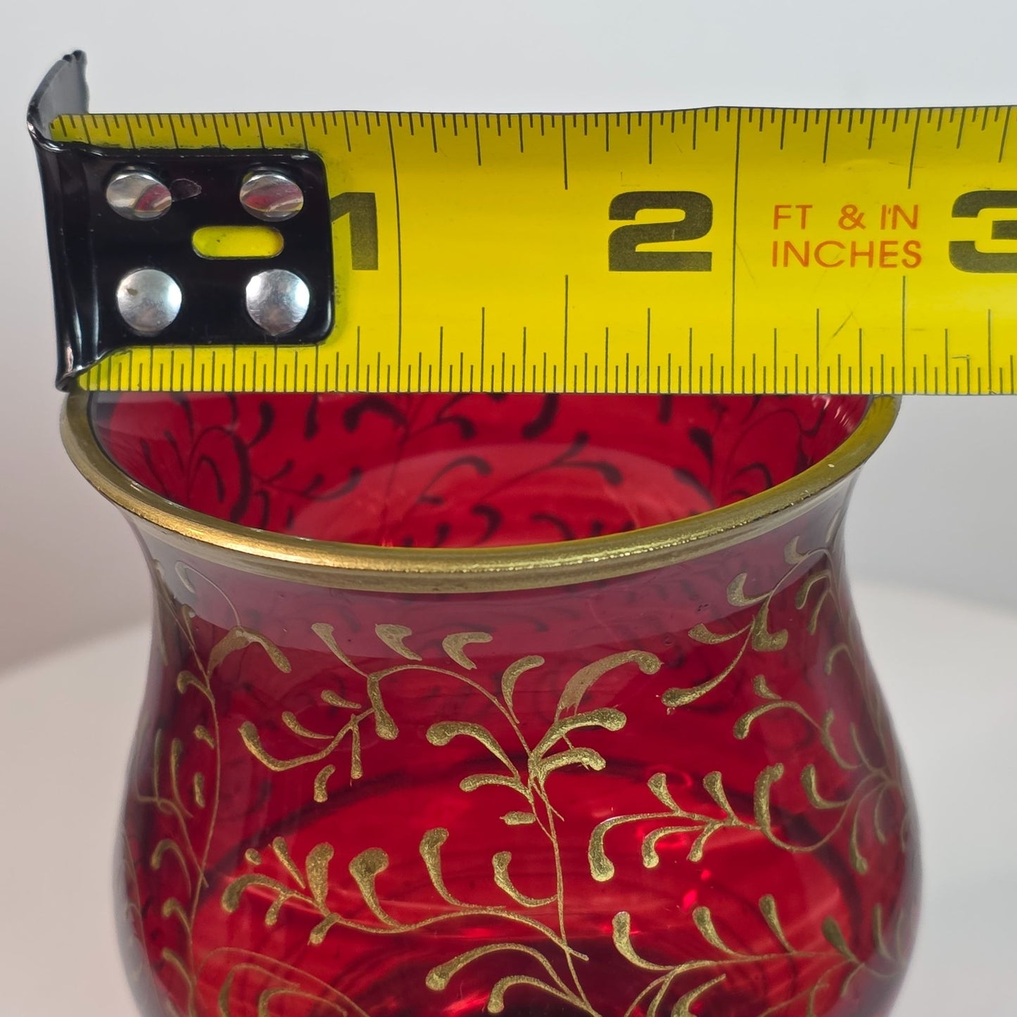 Ruby Red Cranberry Bohemian Czech Flashed Glass Goblet With Gold Filigree Vintage 5 Oz