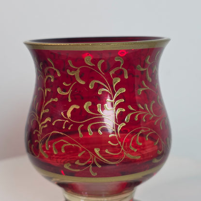 Ruby Red Cranberry Bohemian Czech Flashed Glass Goblet With Gold Filigree Vintage 5 Oz