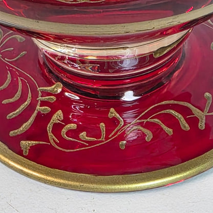 Ruby Red Cranberry Bohemian Czech Flashed Glass Goblet With Gold Filigree Vintage 5 Oz