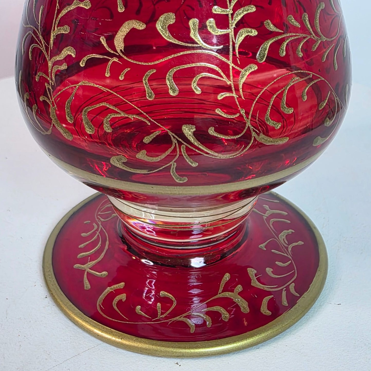 Ruby Red Cranberry Bohemian Czech Flashed Glass Goblet With Gold Filigree Vintage 5 Oz