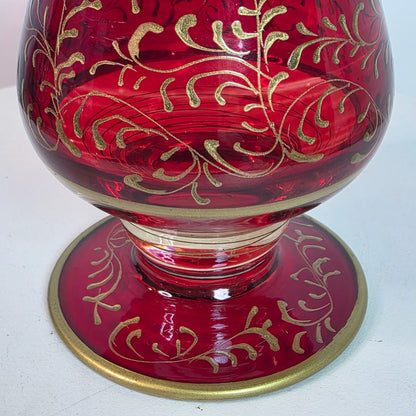 Ruby Red Cranberry Bohemian Czech Flashed Glass Goblet With Gold Filigree Vintage 5 Oz