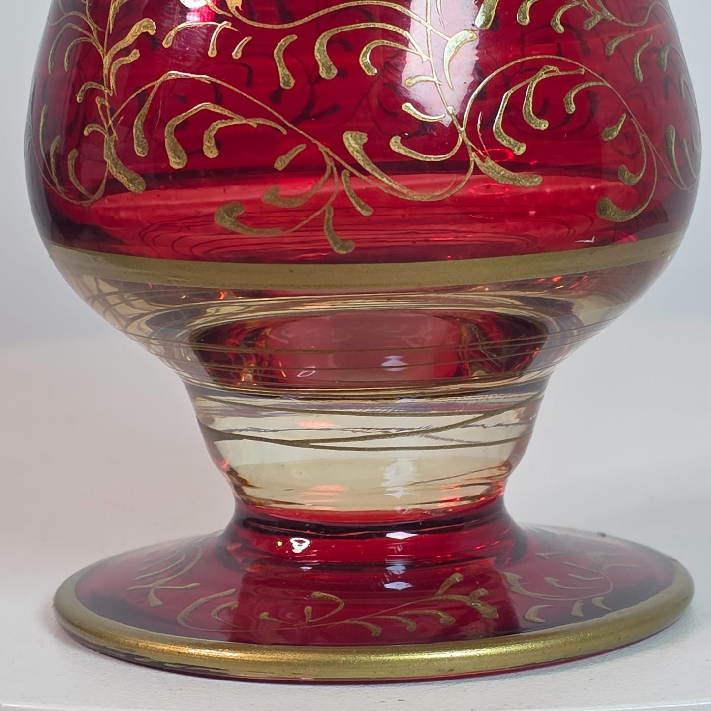 Ruby Red Cranberry Bohemian Czech Flashed Glass Goblet With Gold Filigree Vintage 5 Oz