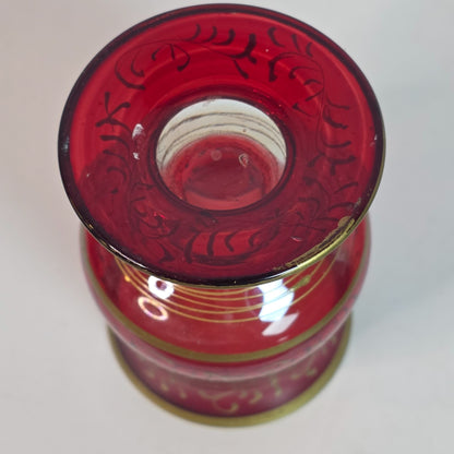 Ruby Red Cranberry Bohemian Czech Flashed Glass Goblet With Gold Filigree Vintage 5 Oz
