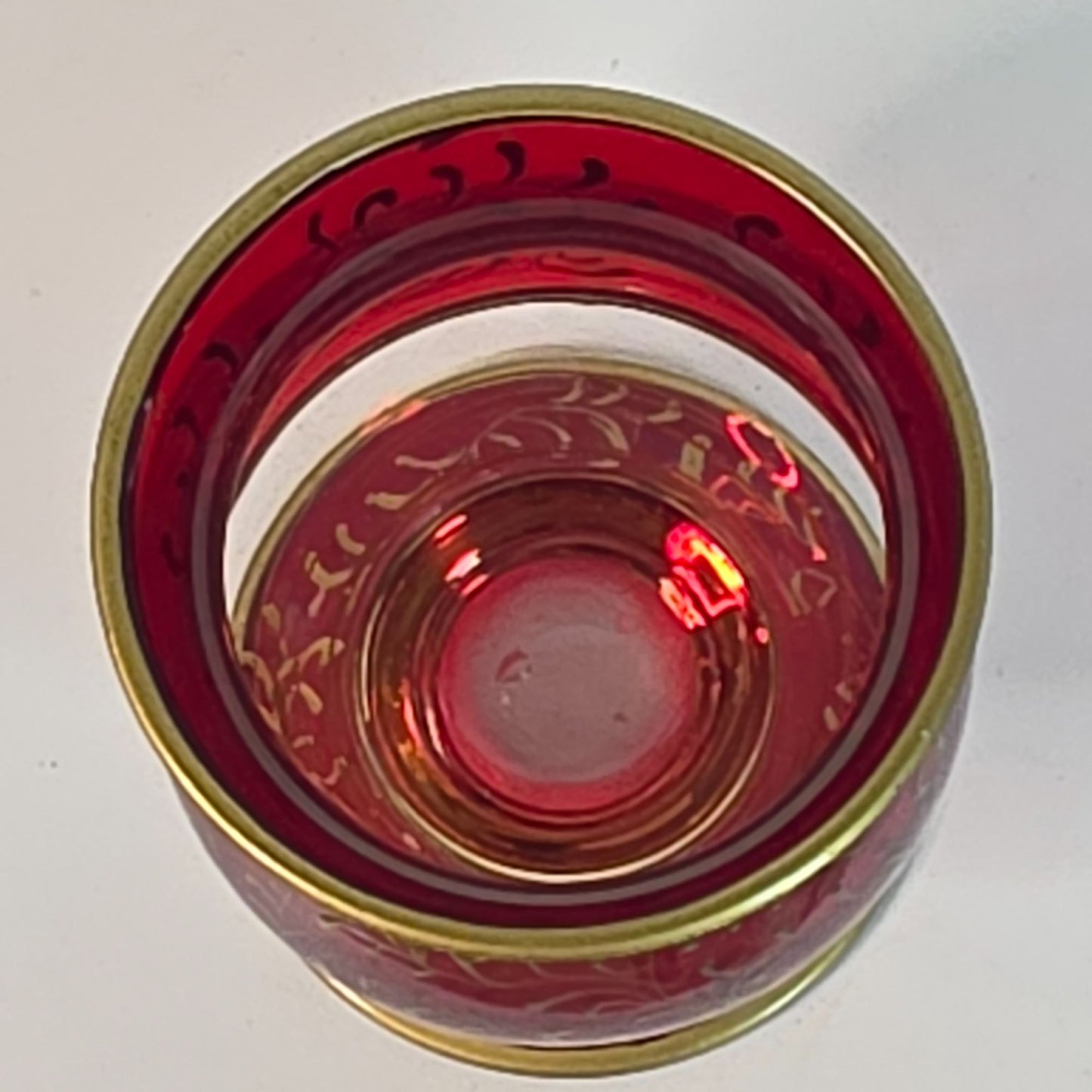 Ruby Red Cranberry Bohemian Czech Flashed Glass Goblet With Gold Filigree Vintage 5 Oz