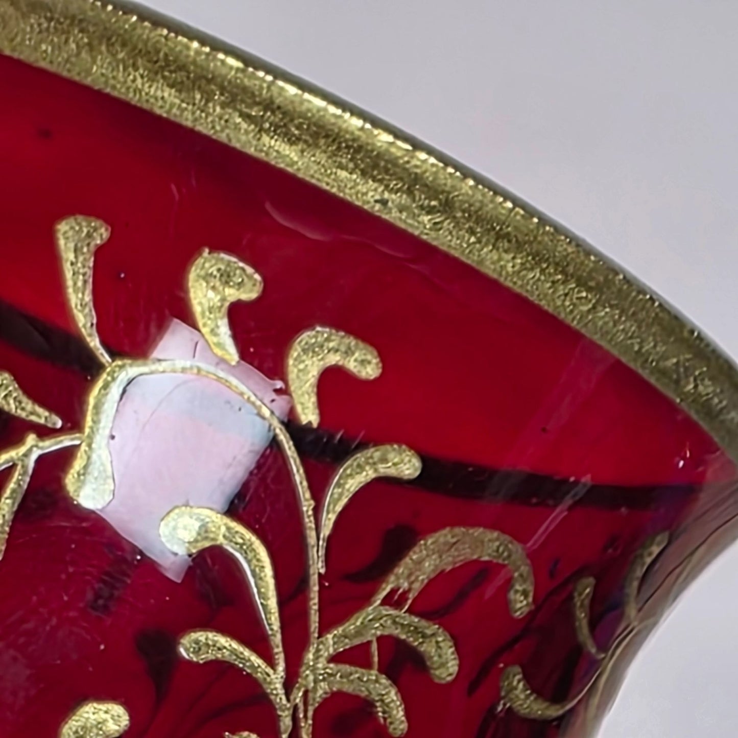 Ruby Red Cranberry Bohemian Czech Flashed Glass Goblet With Gold Filigree Vintage 5 Oz