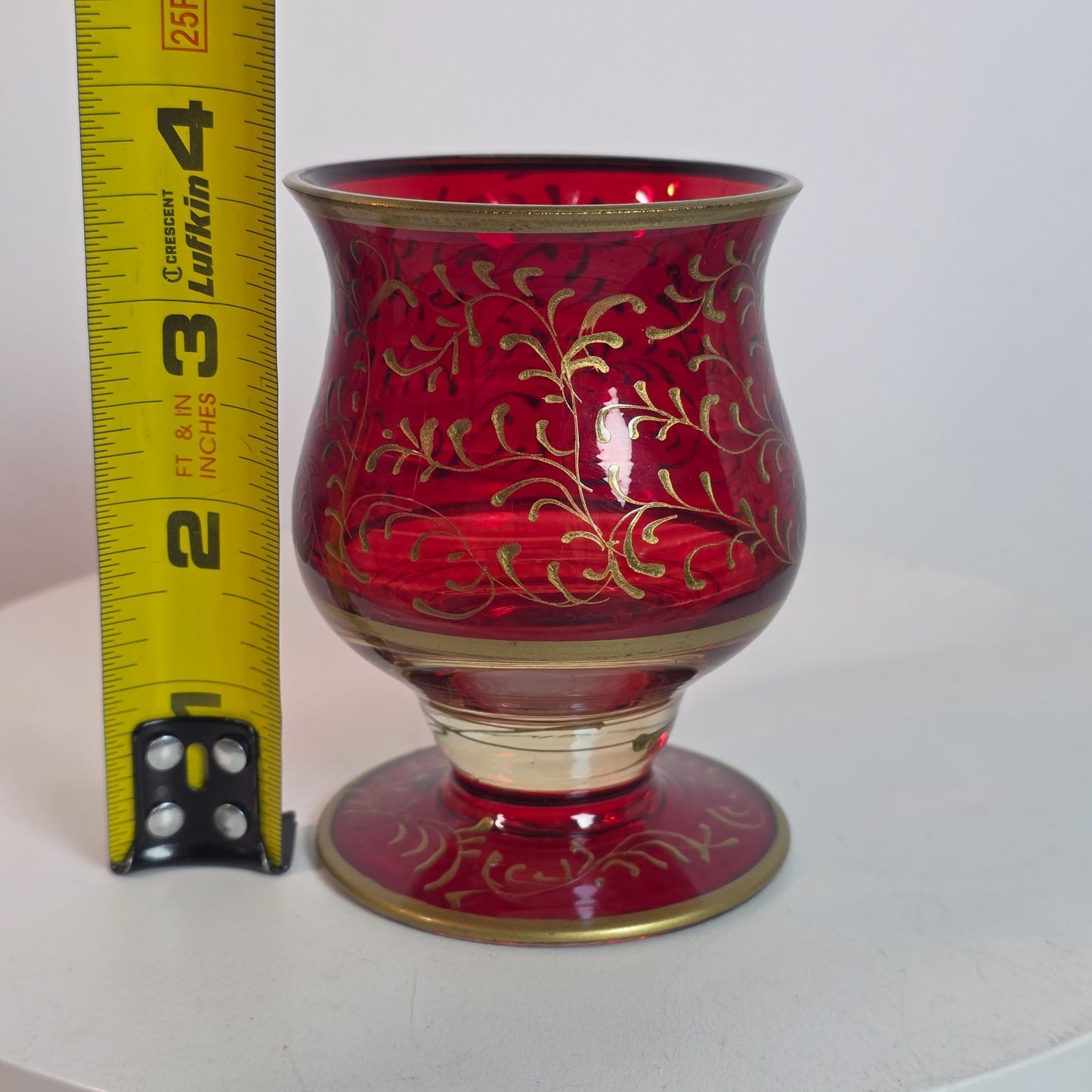 Ruby Red Cranberry Bohemian Czech Flashed Glass Goblet With Gold Filigree Vintage 5 Oz