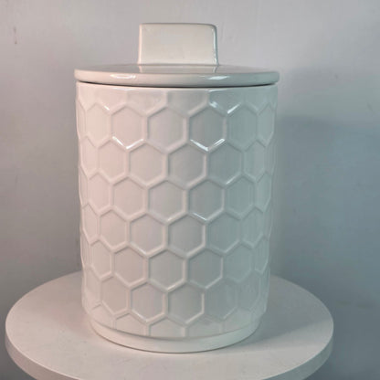 New Honeycomb Textured White Ceramic Storage Jar Canister Covered 8"