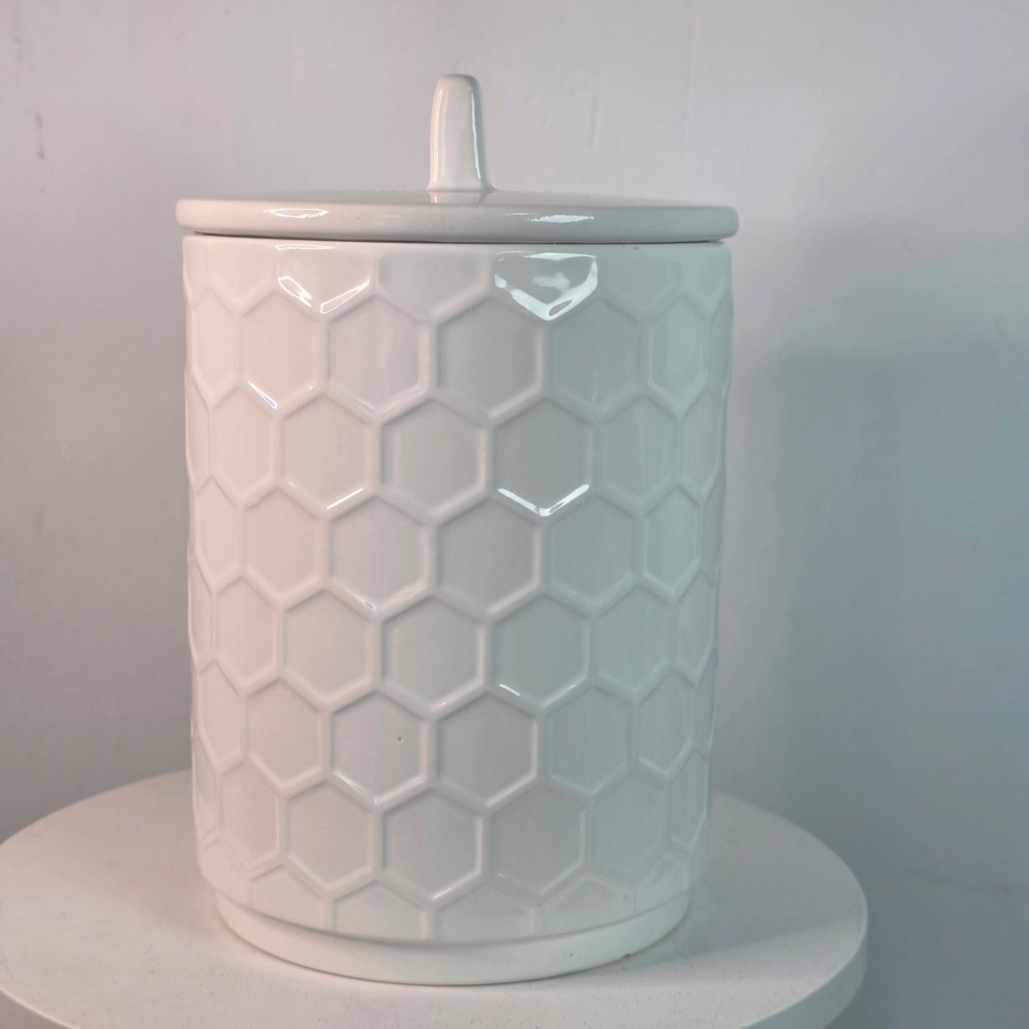 New Honeycomb Textured White Ceramic Storage Jar Canister Covered 8"