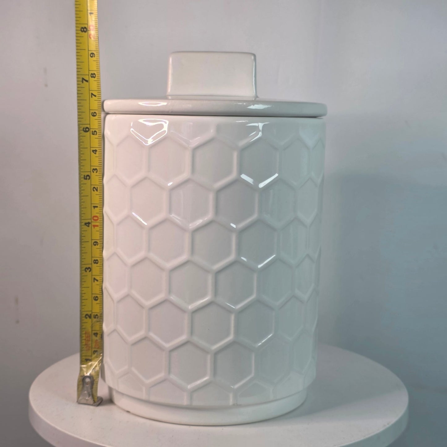New Honeycomb Textured White Ceramic Storage Jar Canister Covered 8"