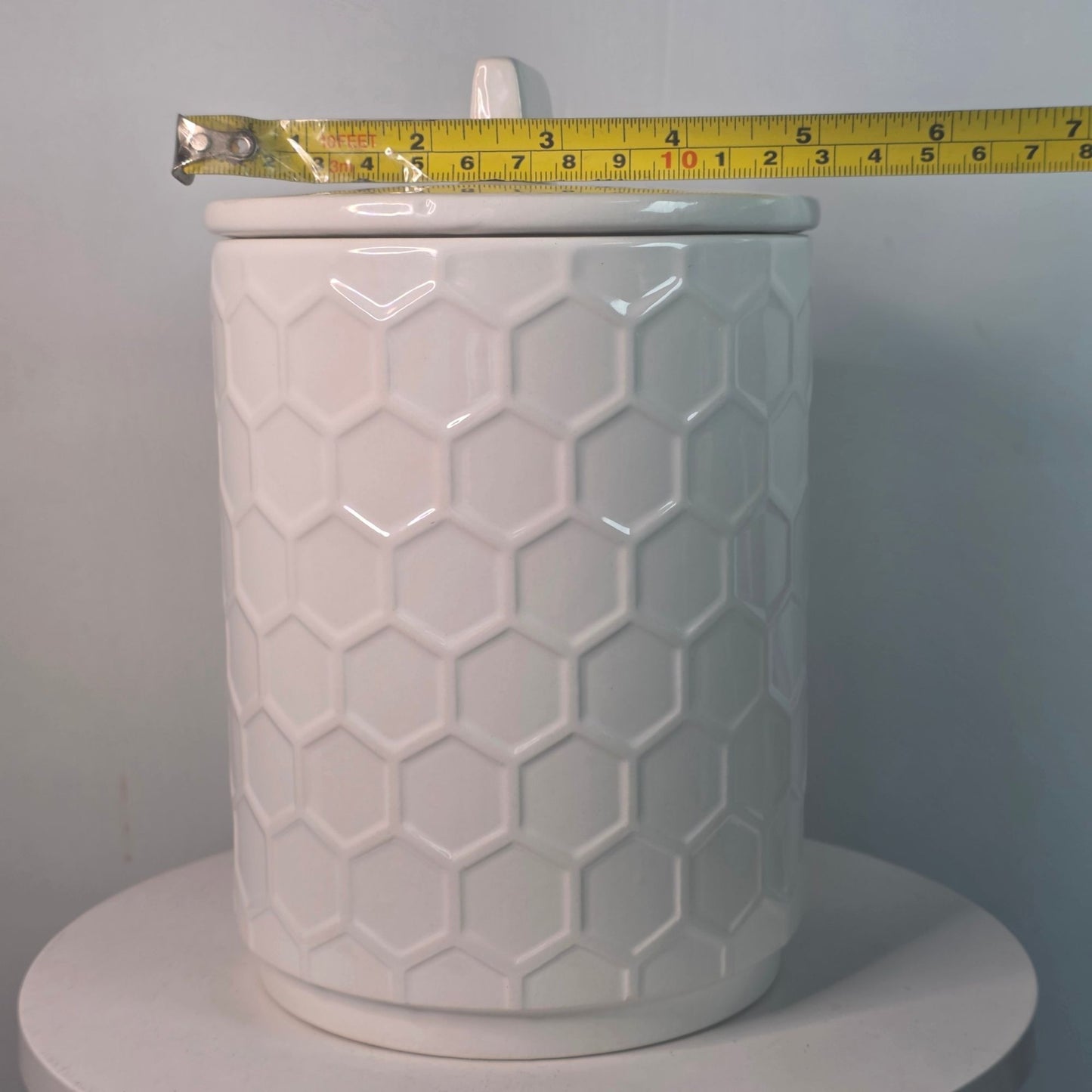 New Honeycomb Textured White Ceramic Storage Jar Canister Covered 8"