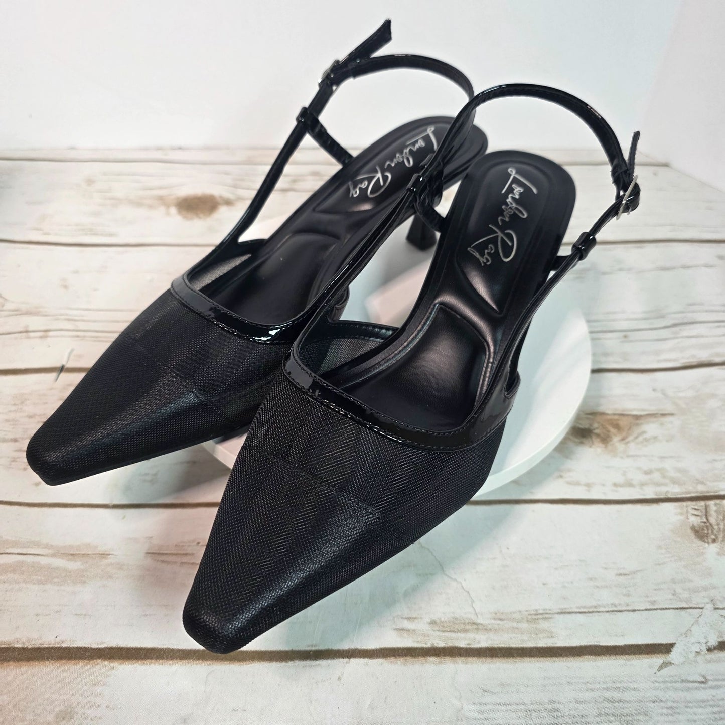 London Rag Black Slingback Mesh Axton Kitten Heels With Patent Trim Womens Shoes Size 5 Elegant Design