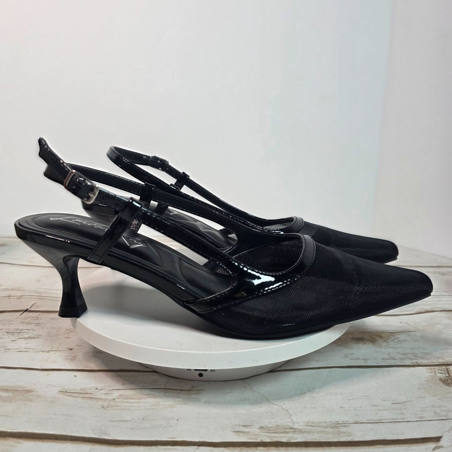London Rag Black Slingback Mesh Axton Kitten Heels With Patent Trim Womens Shoes Size 5 Elegant Design