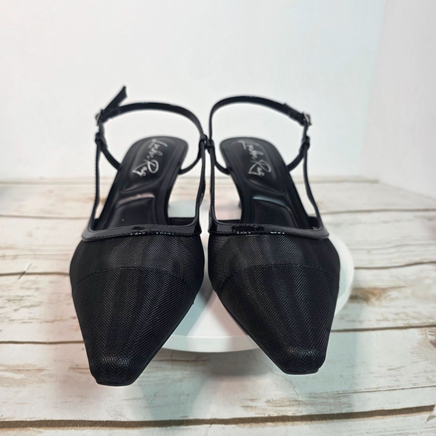 London Rag Black Slingback Mesh Axton Kitten Heels With Patent Trim Womens Shoes Size 5 Elegant Design