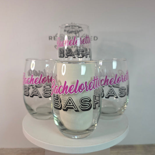 Bachelorette Bash Stemless Wine Glasses Set Of 4 By Cristar 15 Oz Clear & Pink/Black Text Party Gift Fun Drinkware