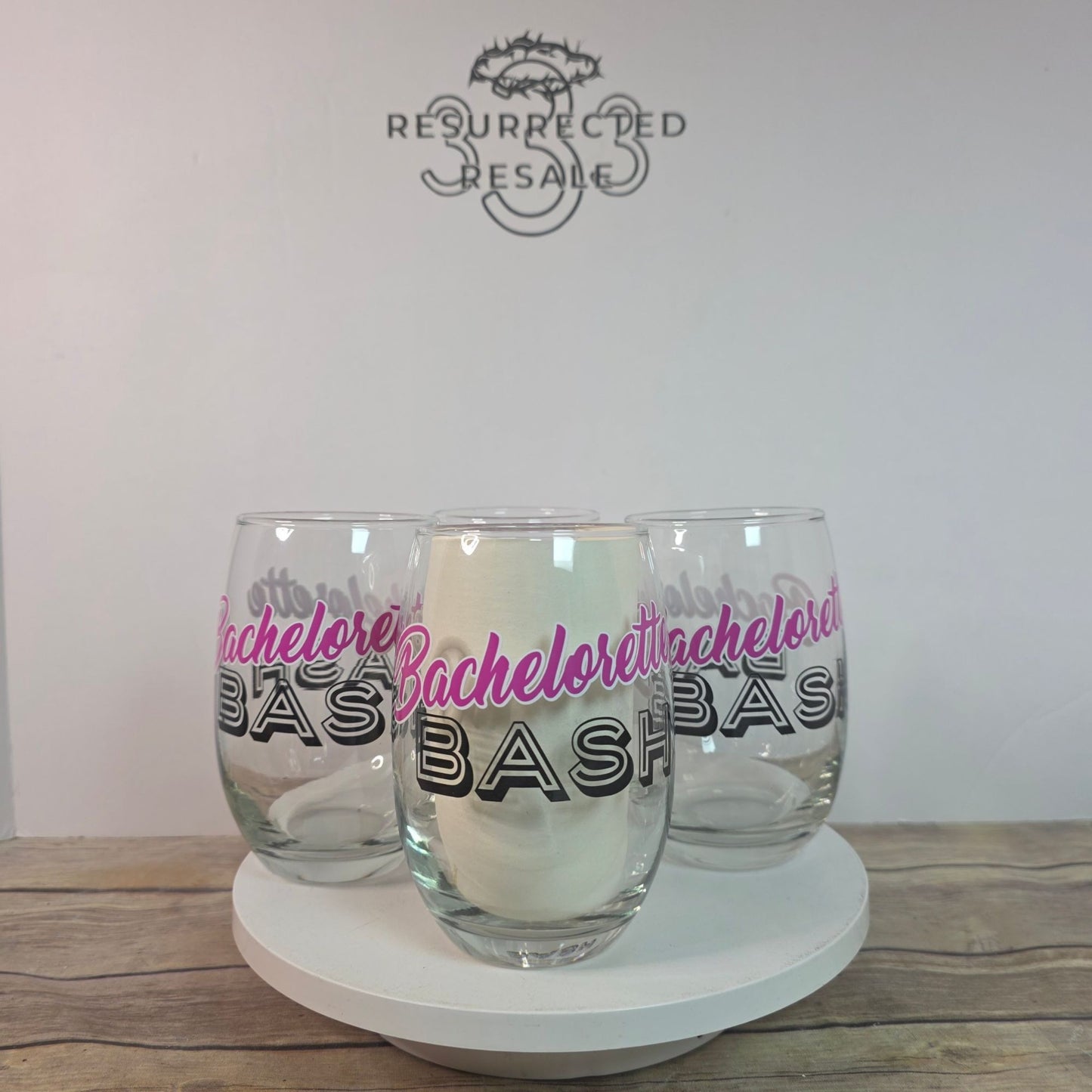 Bachelorette Bash Stemless Wine Glasses Set Of 4 By Cristar 15 Oz Clear & Pink/Black Text Party Gift Fun Drinkware