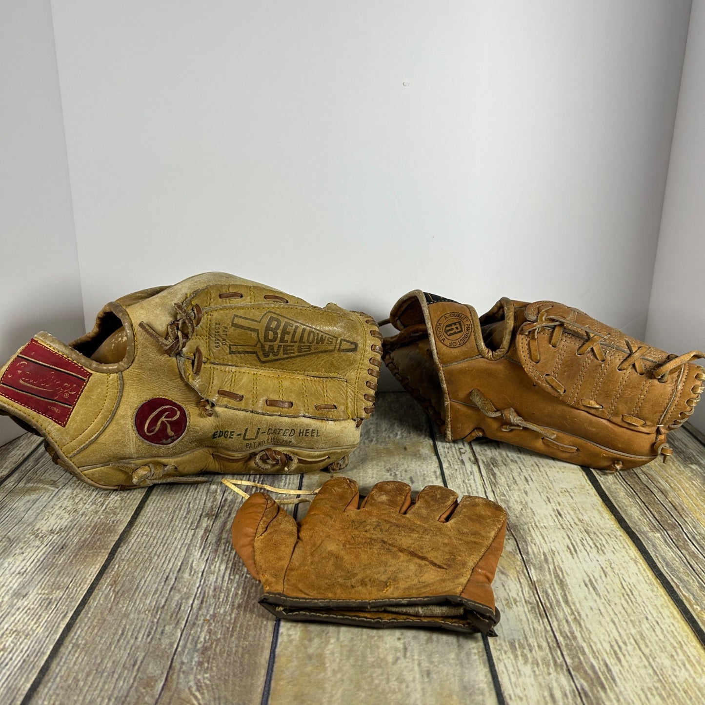 Vtg Rawlings GJ54 Bellows Web Mike Schmidt Leather Baseball Glove Nylon Reinforced Right Handed + 2 Childs Gloves