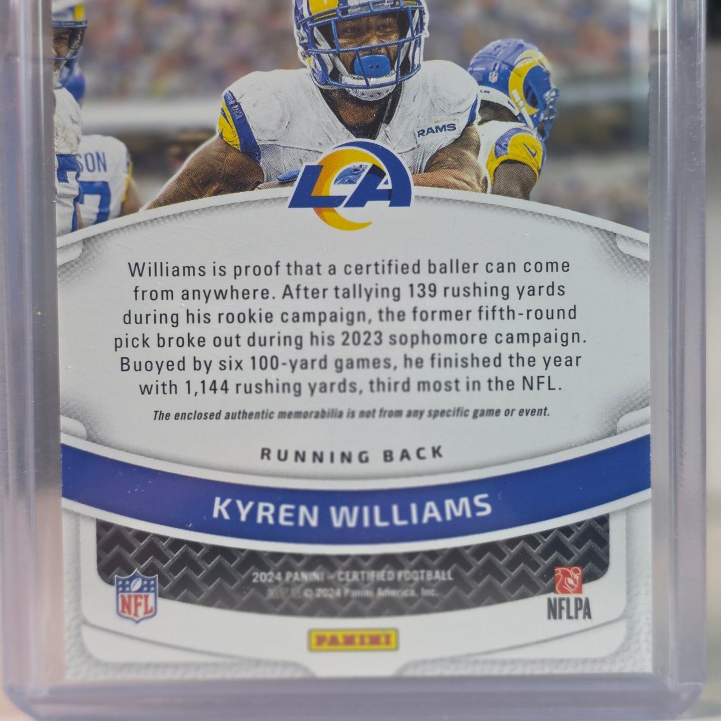 2024 Panini Certified #CBM-KWS Kyren Williams Rams Ballers Jersey Relic Loader
