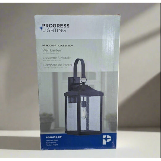 Progress Lighting Park Court Wall Lantern Textured Black Clear Seeded Glass Outdoor Light Fixture 26-Inch 1-Light