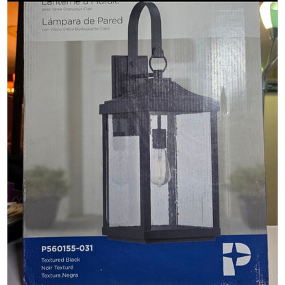 Progress Lighting Park Court Wall Lantern Textured Black Clear Seeded Glass Outdoor Light Fixture 26-Inch 1-Light